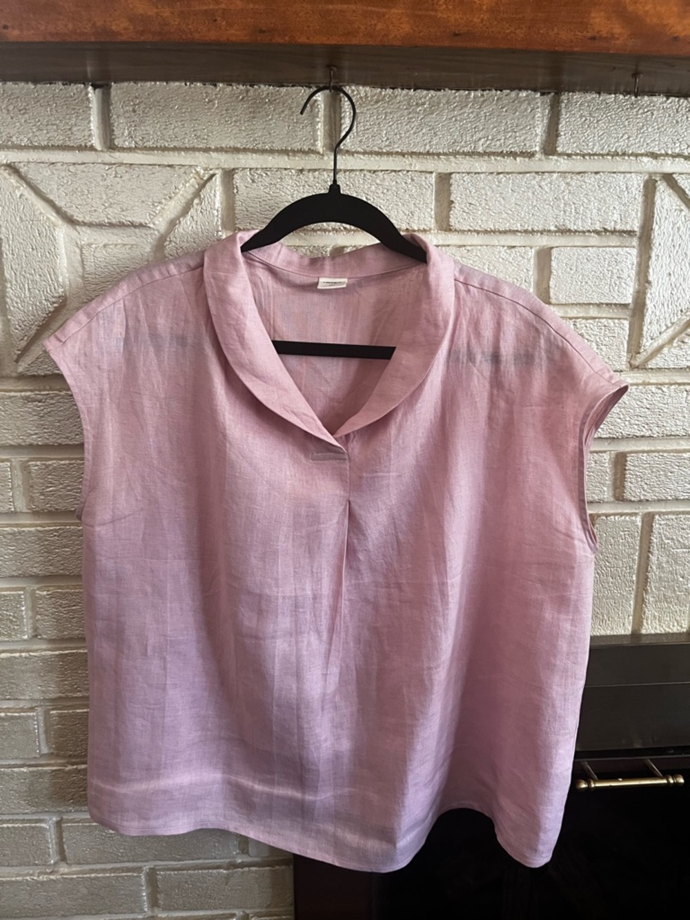Women's Light Pink Linen Cap-Sleeve Blouse with Shawl Collar